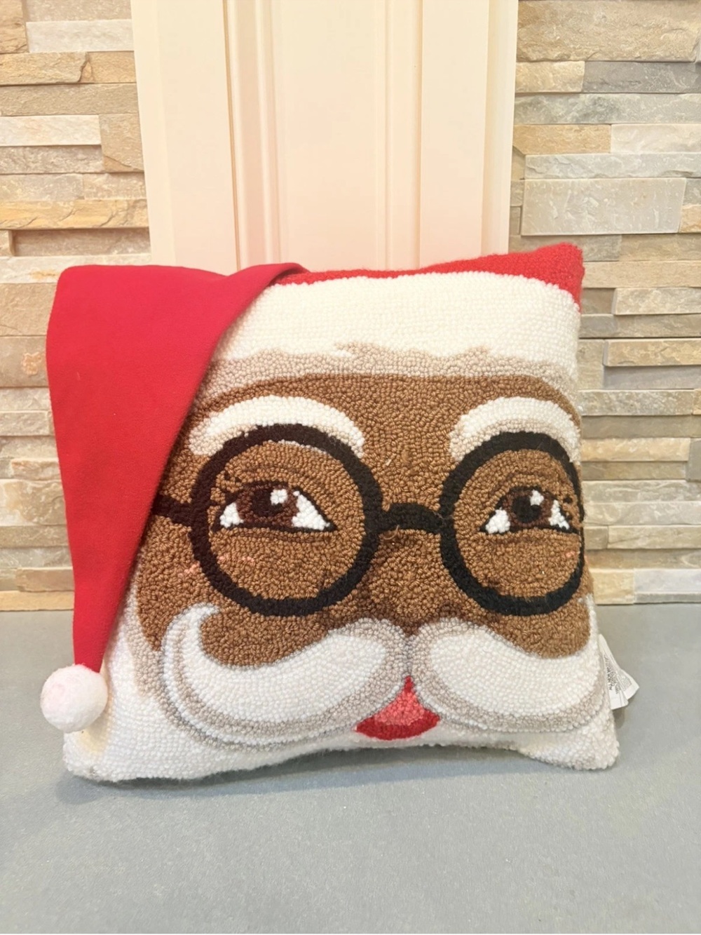Ashland Christmas Peppermint Lane Santa Square Pillow 14x14 Pom Pom